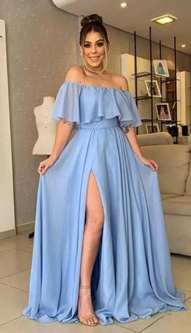 TRHTX Women's Chiffon Bridesmaid Dresses Long Off Shoulder Formal Dresses with Slit Ruffle A-Line Party Gowns