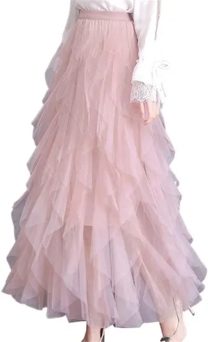 Tulle Long Maxi Women's Skirt Korean Cute Pink High Waist Pleated Female Lady Aesthetic