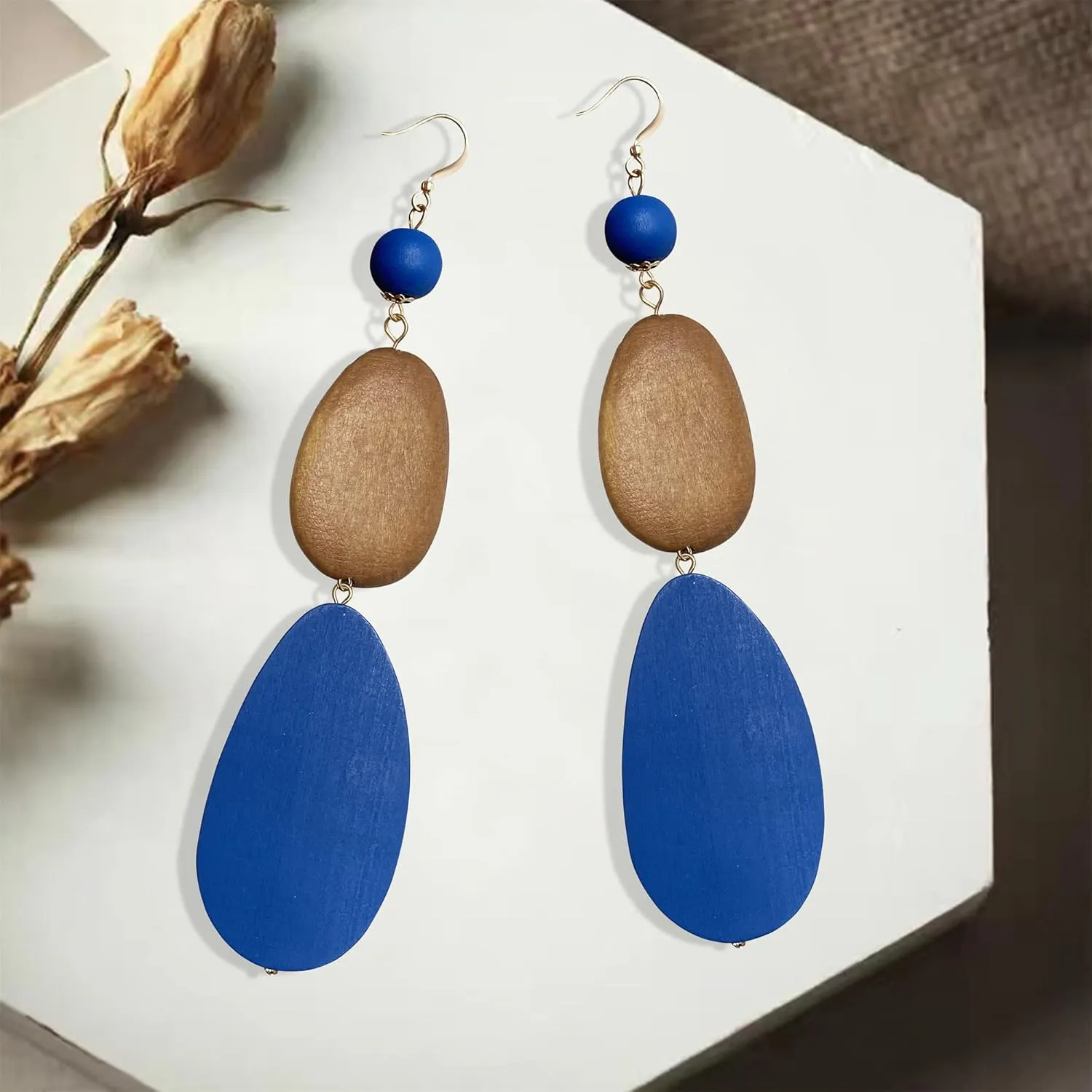 Unique Handmade Bohemian Huge Vintage Nature Wooden Dangle Drop Earrings Ethnic Boho Wood Teardrop Gold Geometry Hook Earring for Women Statement Jewelry Gifts