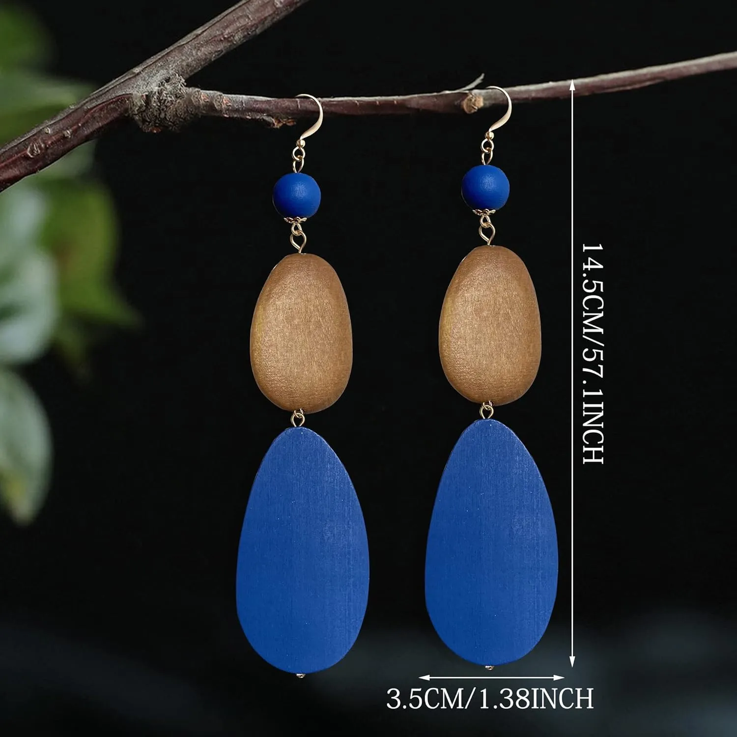 Unique Handmade Bohemian Huge Vintage Nature Wooden Dangle Drop Earrings Ethnic Boho Wood Teardrop Gold Geometry Hook Earring for Women Statement Jewelry Gifts