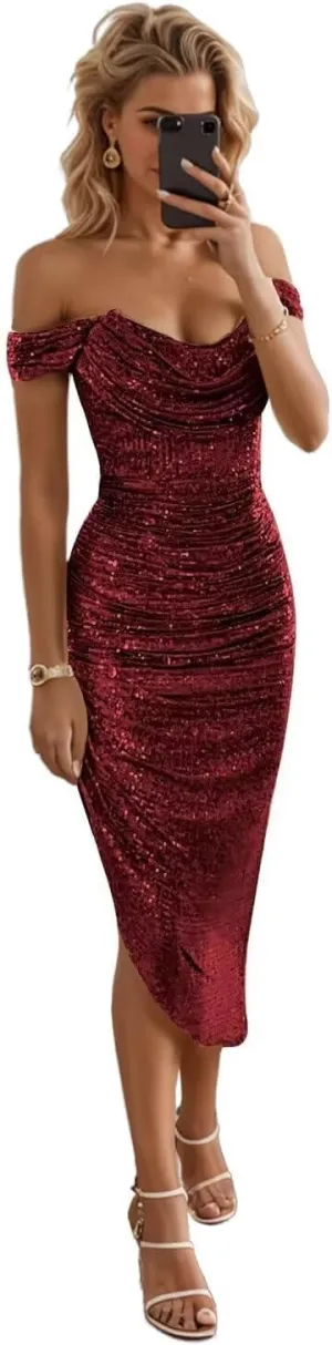 UZN Midi Sequin Prom Dresses Off Shoulder for Women 2024 Sparkly Tight Short Homecoming Dress