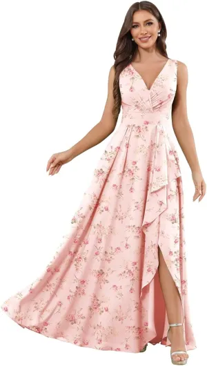 V Neck Chiffon Bridesmaid Dresses for Women Long A Line Ruffle Formal Evening Gowns with Slit
