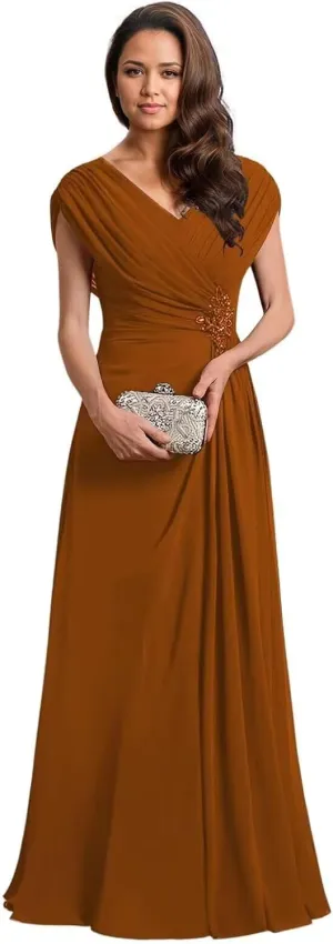 V Neck Mother of The Bride Dresses for Women Ruched Chiffon Prom Gown Beaded Short Sleeves Evening Party Gown Wedding