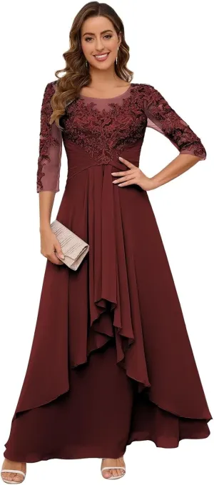 VCCICANY 3/4 Sleeves Lace Appliques Mother of The Bride Dresses for Wedding Chiffon Pleated Long Formal Evening Gowns