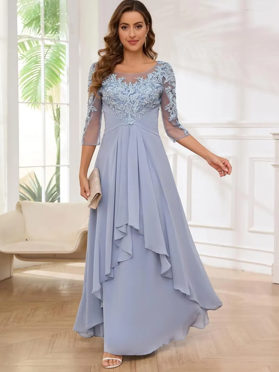 VCCICANY 3/4 Sleeves Lace Appliques Mother of The Bride Dresses for Wedding Chiffon Pleated Long Formal Evening Gowns
