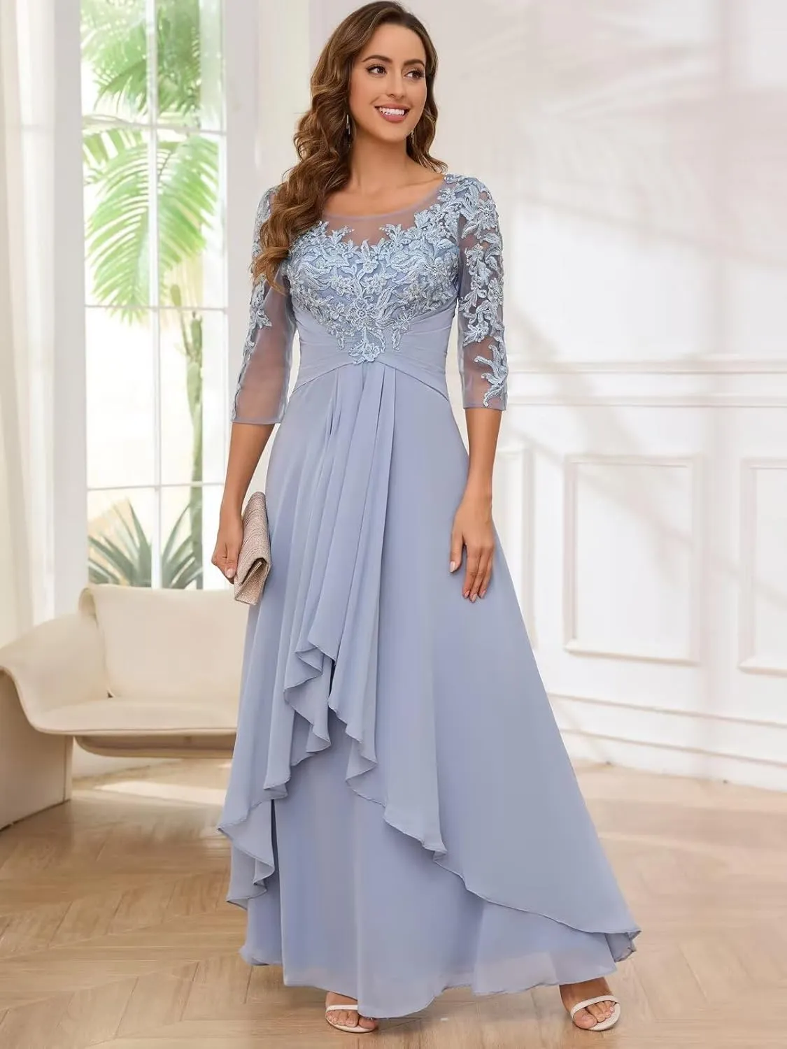 VCCICANY 3/4 Sleeves Lace Appliques Mother of The Bride Dresses for Wedding Chiffon Pleated Long Formal Evening Gowns