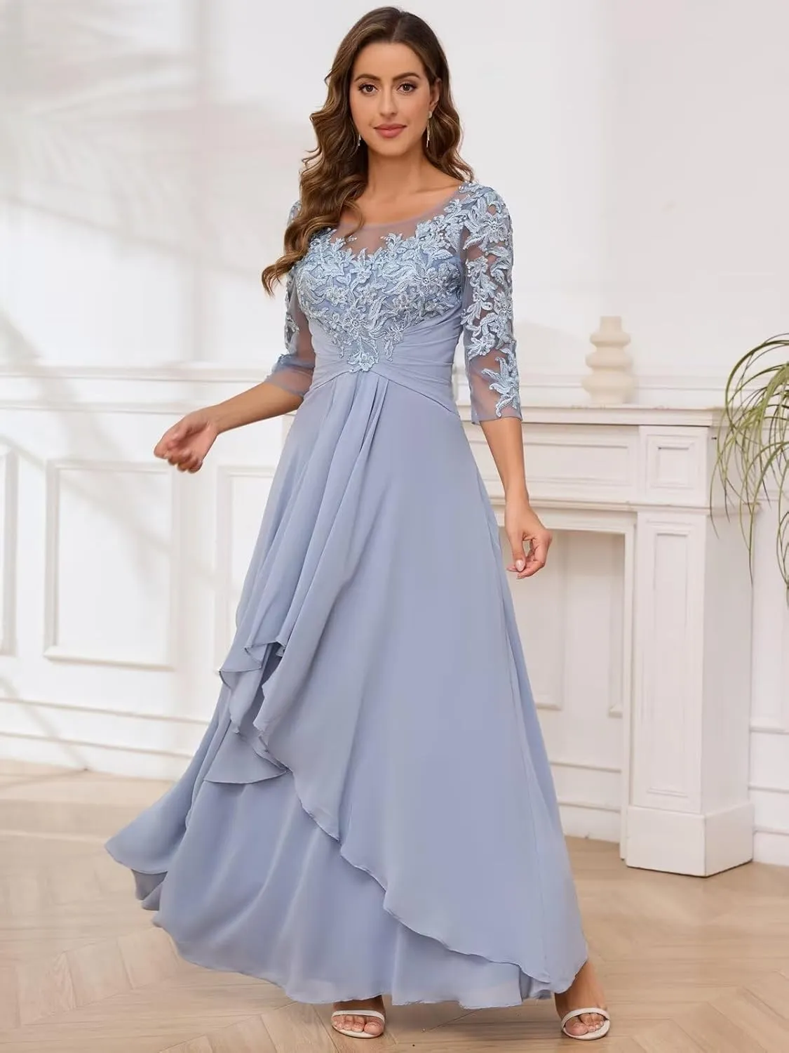 VCCICANY 3/4 Sleeves Lace Appliques Mother of The Bride Dresses for Wedding Chiffon Pleated Long Formal Evening Gowns