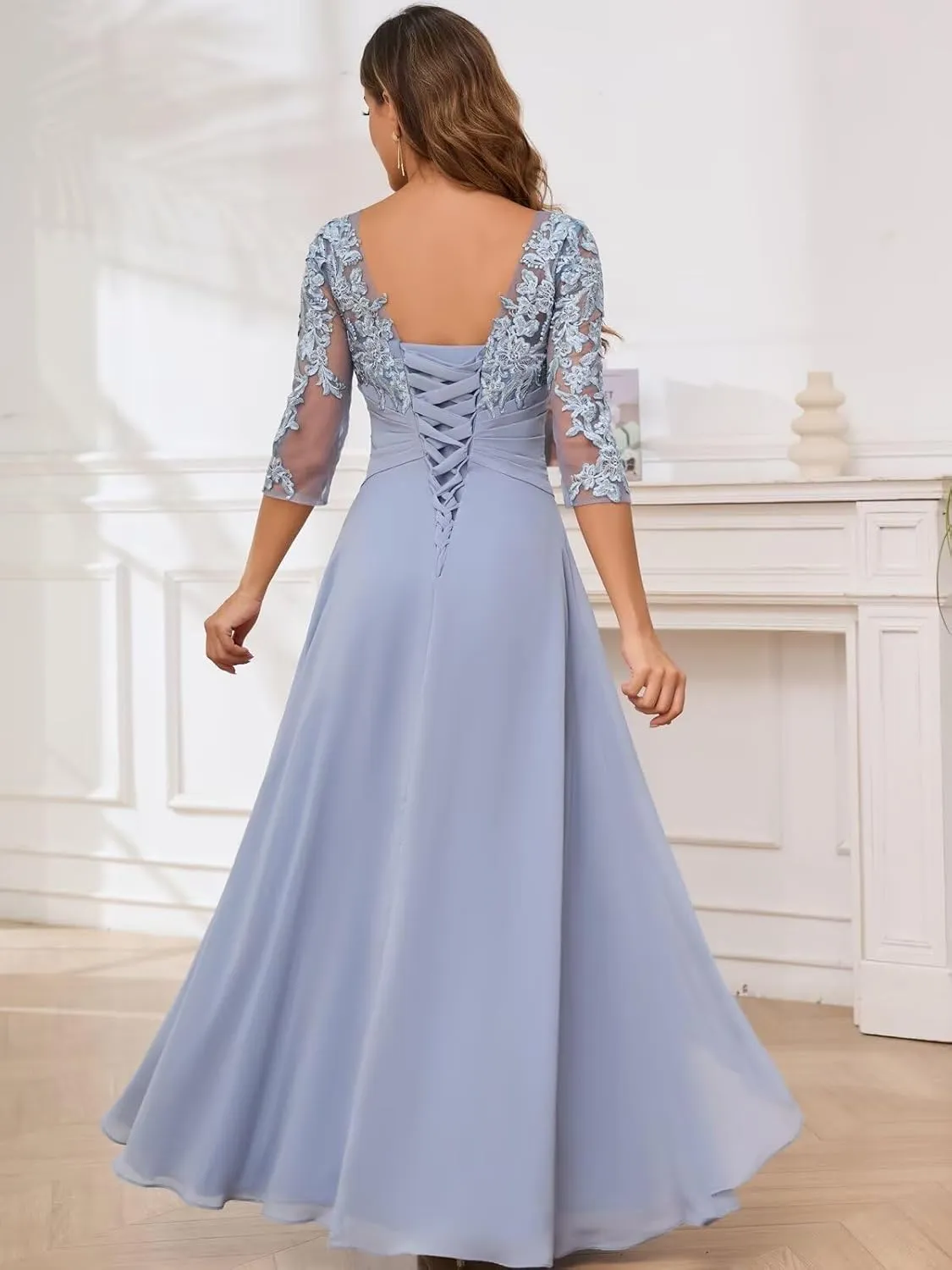 VCCICANY 3/4 Sleeves Lace Appliques Mother of The Bride Dresses for Wedding Chiffon Pleated Long Formal Evening Gowns