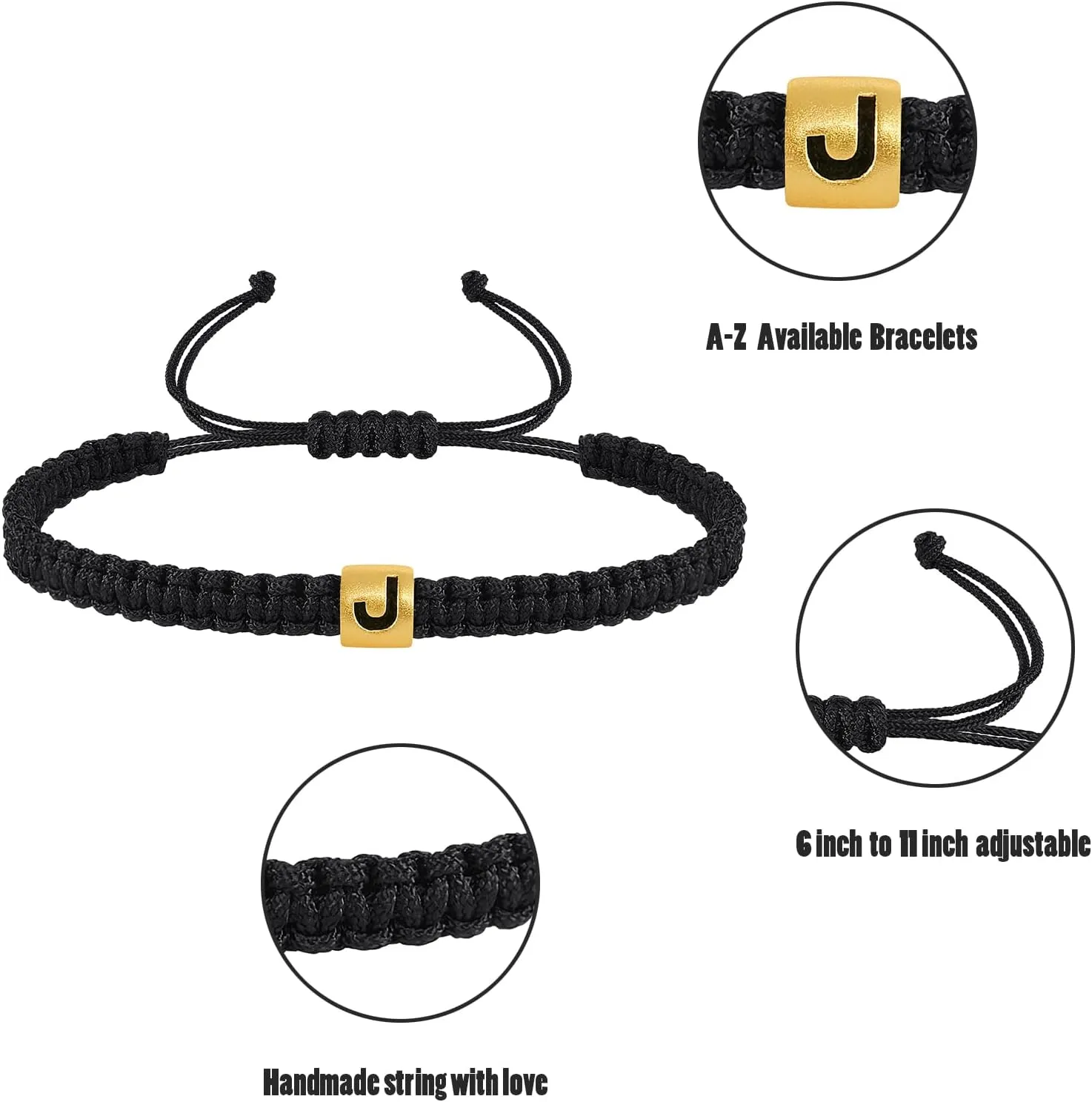 VIBILIA Initial Bracelets for Women Men Woven Rope Braided Letter Bracelet Gold 26 Alphabet Handmade Adjustable Black String Bracelet Jewelry Gifts - A