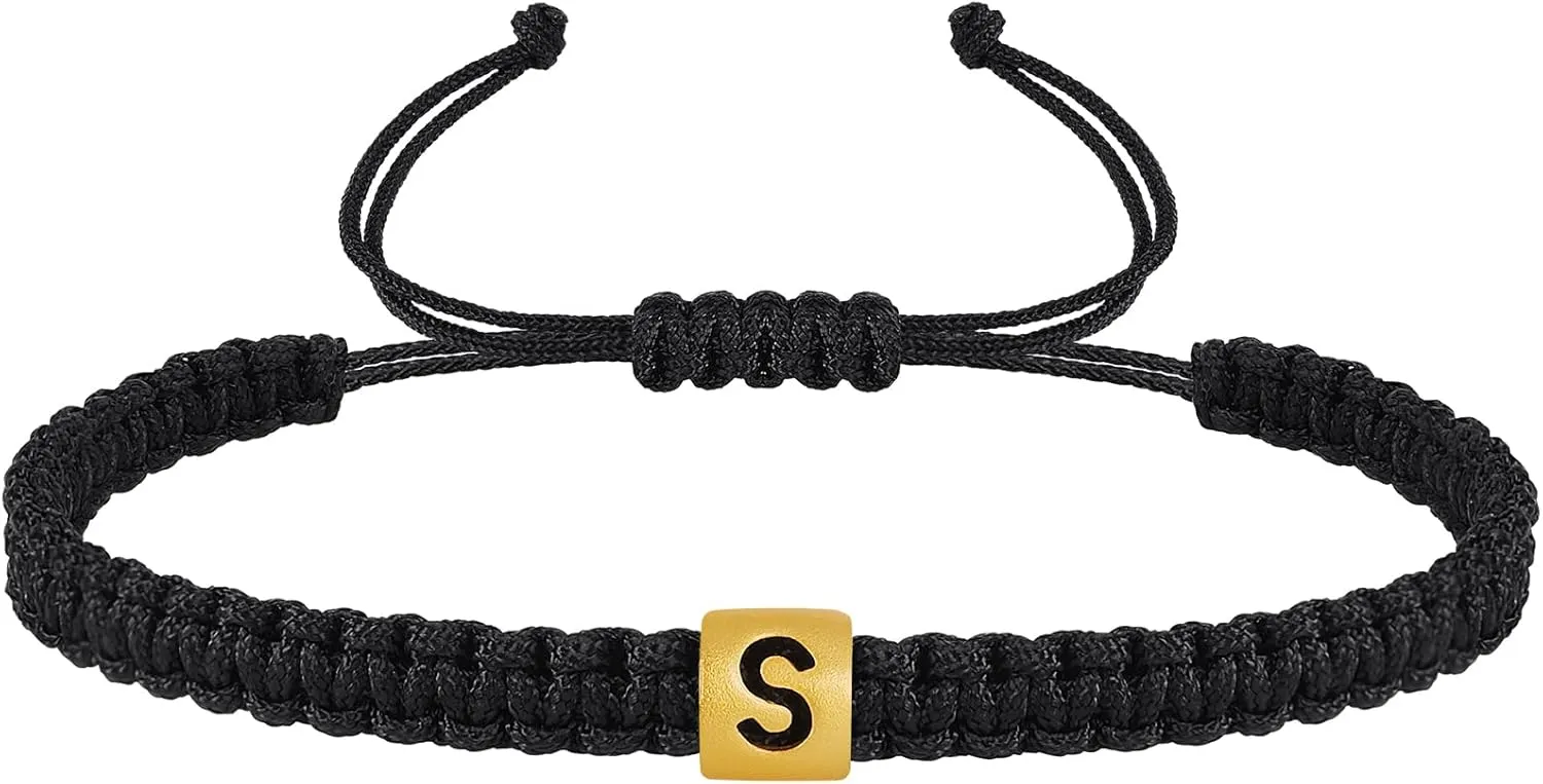 VIBILIA Initial Bracelets for Women Men Woven Rope Braided Letter Bracelet Gold 26 Alphabet Handmade Adjustable Black String Bracelet Jewelry Gifts - A