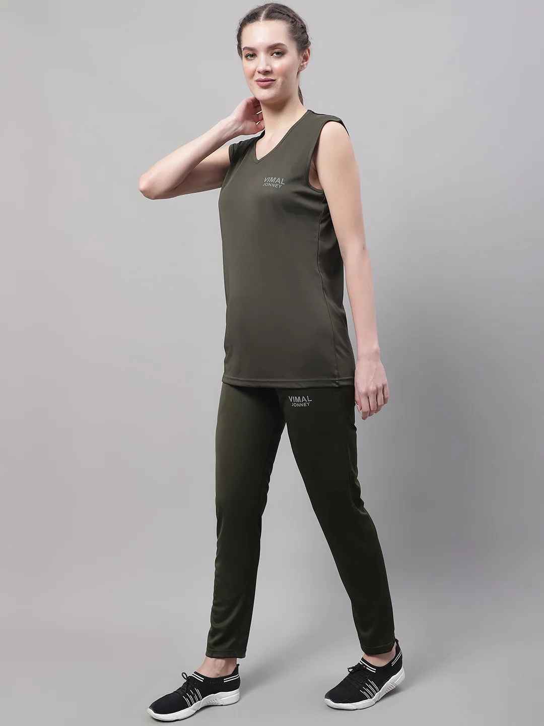 Vimal Jonney Olive Dryfit Lycra Solid Co-ord Set Tracksuit For Women