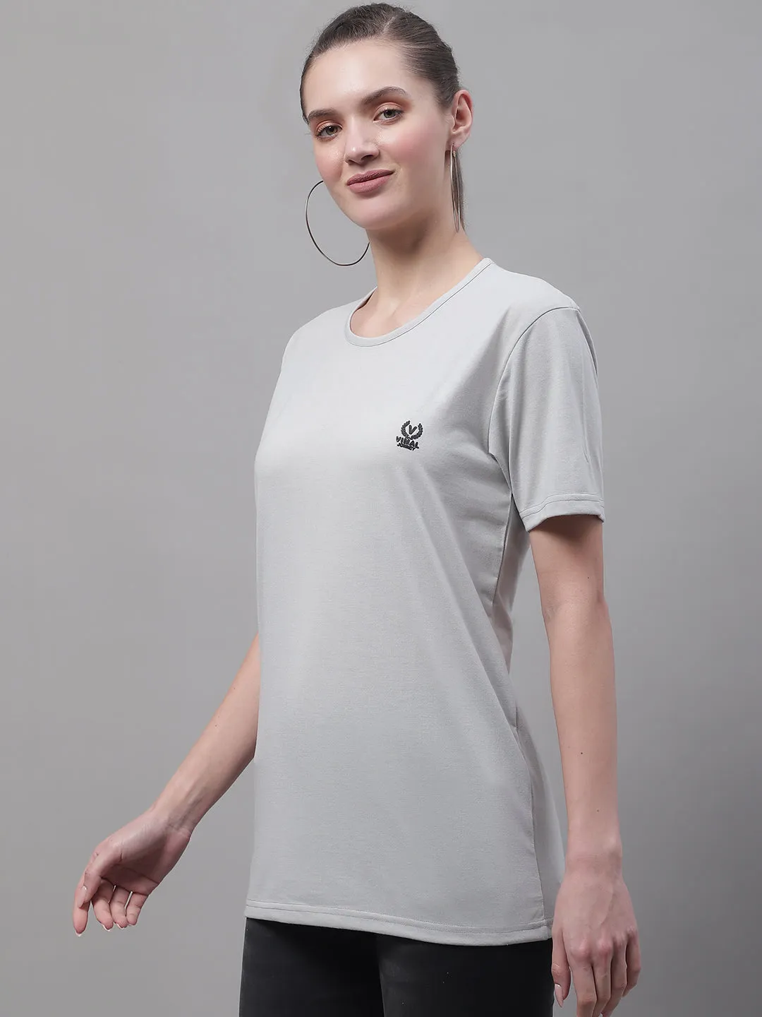 Vimal Jonney Round Neck Cotton Solid Light Grey T-Shirt for Women