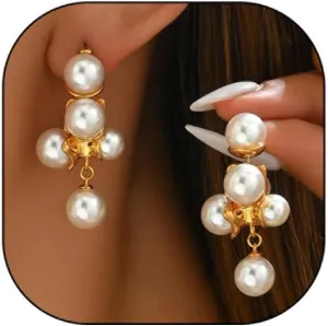 Vintage Pearl Earrings for Women Long Pearl Drop Earrings Chunky Big Pearl Dangling Earrings 14K Gold Plate Pearl Dangle Earrings Formal Pearl Statement Earrings Wedding Jewelry for Bridal Bridesmaid