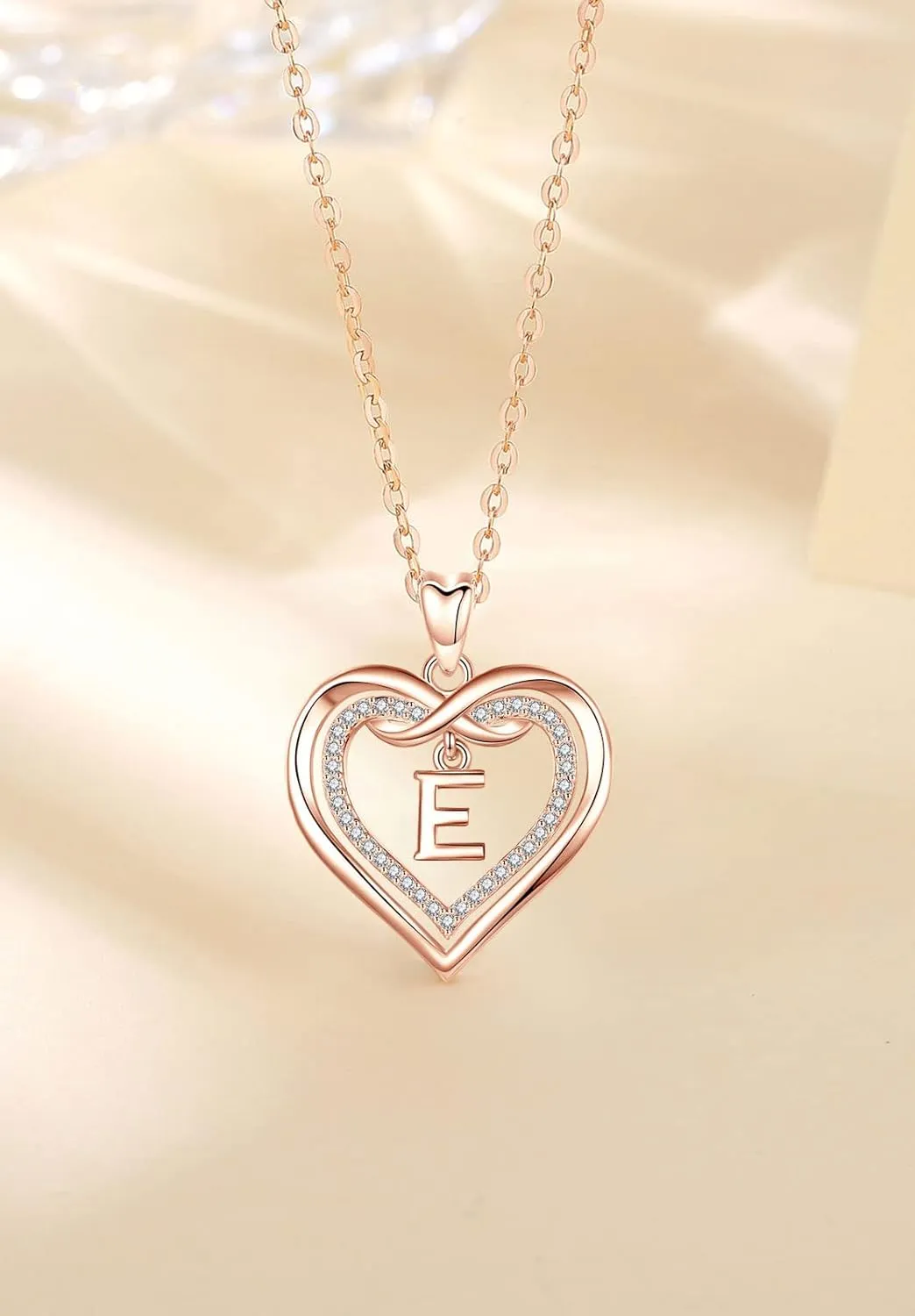 Vito Initial Necklace for Women, Double Heart Cubic Zirconia Letter Pendant, Rose Gold Dainty Alphabet A to Z Necklaces Mother's Day Jewelry Gift for Mom Sister Daughter, 20 Inch Chain