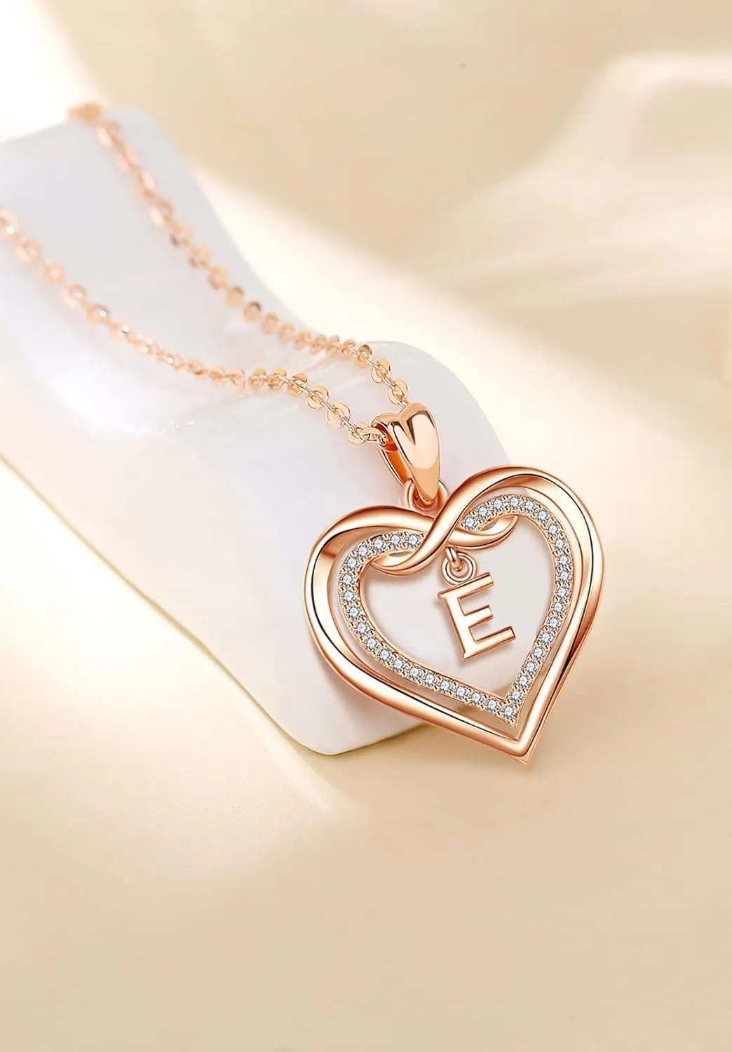 Vito Initial Necklace for Women, Double Heart Cubic Zirconia Letter Pendant, Rose Gold Dainty Alphabet A to Z Necklaces Mother's Day Jewelry Gift for Mom Sister Daughter, 20 Inch Chain