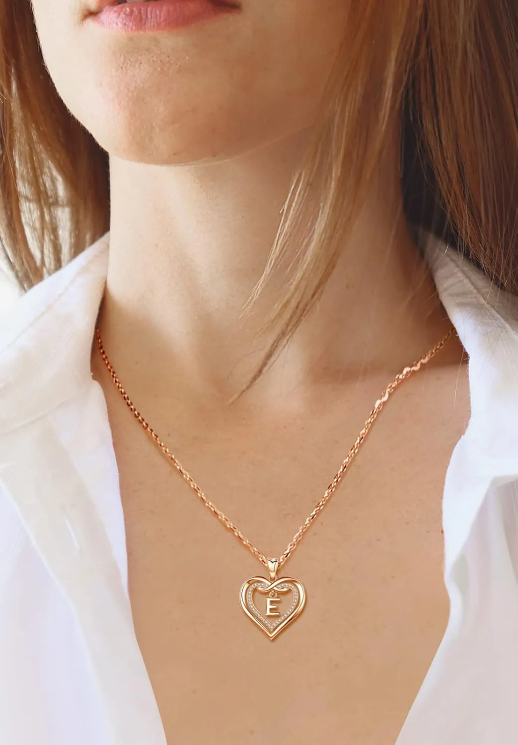 Vito Initial Necklace for Women, Double Heart Cubic Zirconia Letter Pendant, Rose Gold Dainty Alphabet A to Z Necklaces Mother's Day Jewelry Gift for Mom Sister Daughter, 20 Inch Chain