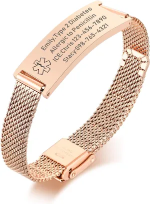 VNOX Medical Alert Bracelets for Men & Women Kids with Free Engraving Adjustable Stainless Steel Mesh Emergency Medical ID Bracelets Wristband