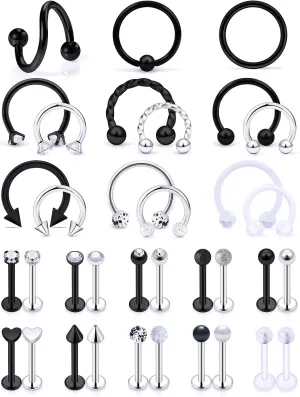 Vsnnsns 16G Lip Rings Stainless Steel Horseshoe Snake Bite Piercing Monroe Lip Rings Labret Medusa Piercing Jewelry Tragus Forward Helix Cartilage Earrings Studs Piercing Jewelry for Women Men 35PCS