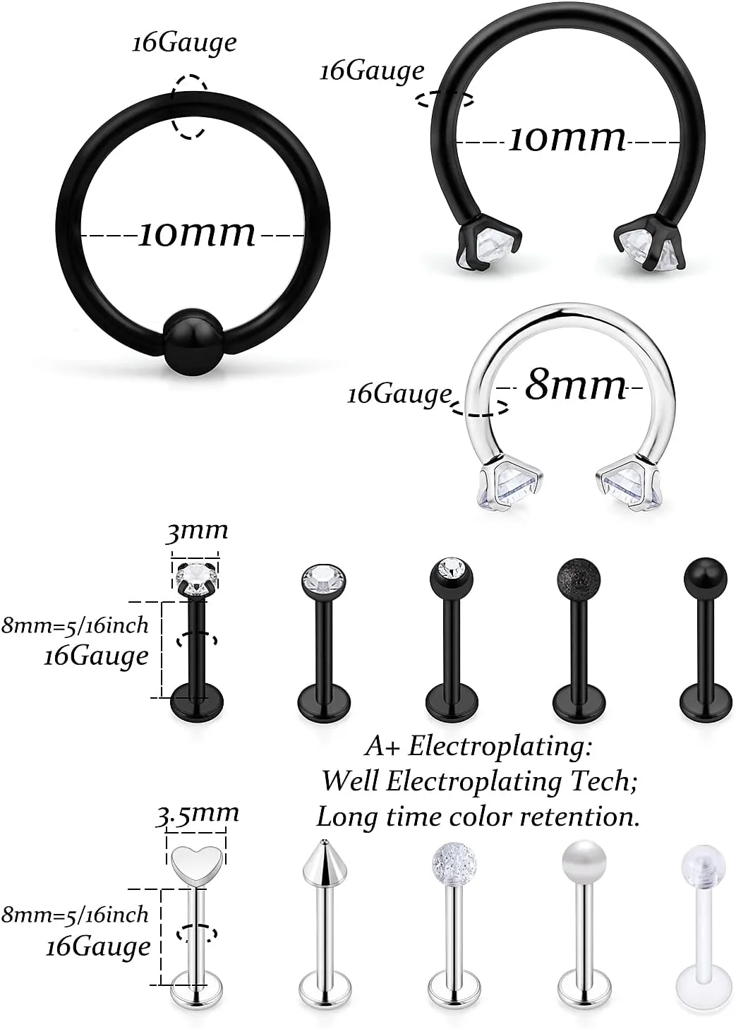 Vsnnsns 16G Lip Rings Stainless Steel Horseshoe Snake Bite Piercing Monroe Lip Rings Labret Medusa Piercing Jewelry Tragus Forward Helix Cartilage Earrings Studs Piercing Jewelry for Women Men 35PCS
