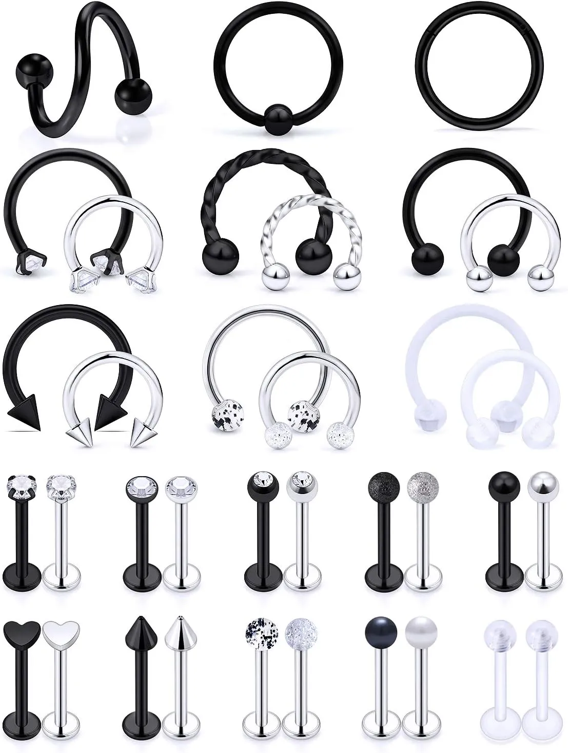 Vsnnsns 16G Lip Rings Stainless Steel Horseshoe Snake Bite Piercing Monroe Lip Rings Labret Medusa Piercing Jewelry Tragus Forward Helix Cartilage Earrings Studs Piercing Jewelry for Women Men 35PCS