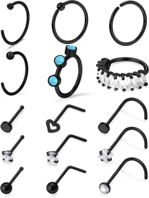 Vsnnsns 18G Nose Rings for Women Surgical Steel Nose Rings Hoops L Shaped Nose Studs Opal Nose Hoop Rings 1.5mm 2mm 2.5mm 3mm Diamond CZ Nose Ring Piercing Jewelry Silver Black Rose Gold 15-20Pcs