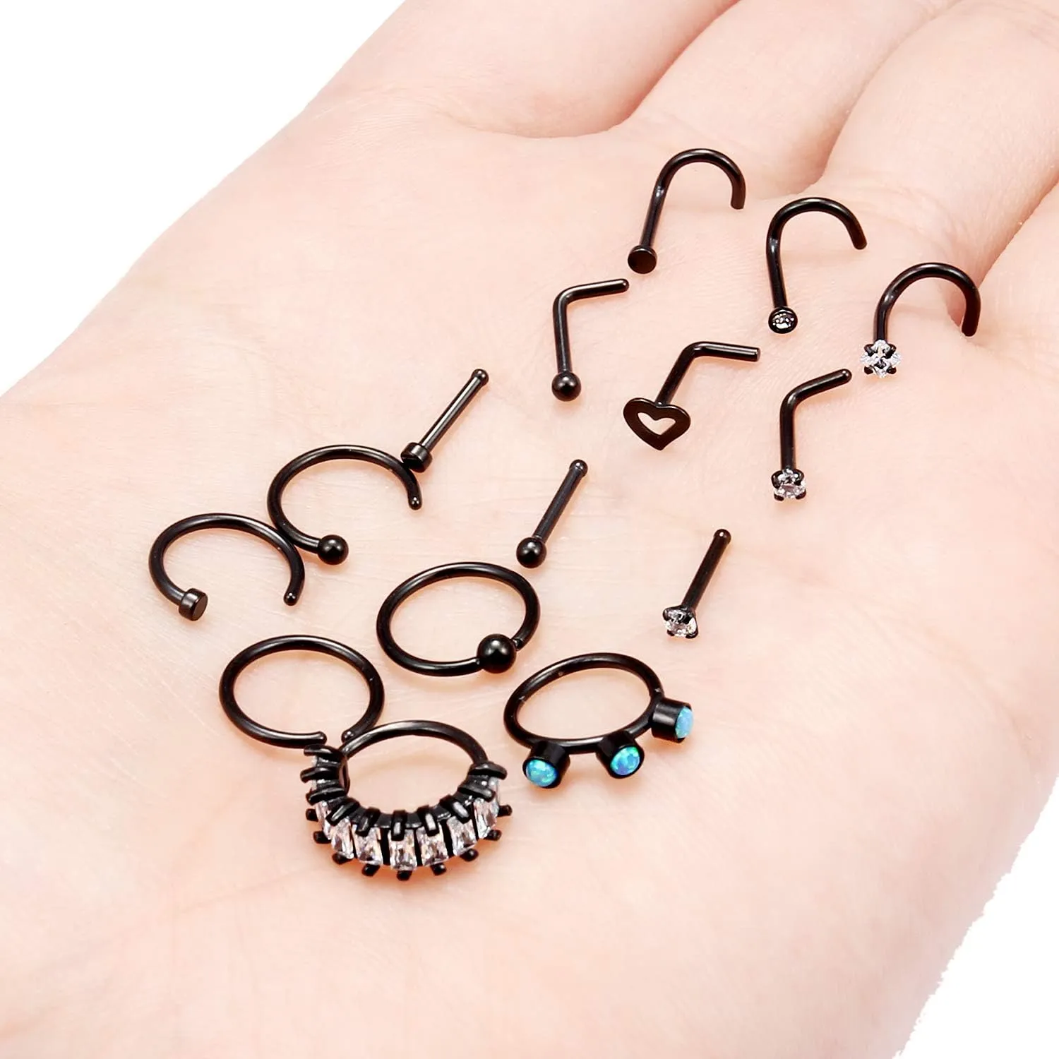 Vsnnsns 18G Nose Rings for Women Surgical Steel Nose Rings Hoops L Shaped Nose Studs Opal Nose Hoop Rings 1.5mm 2mm 2.5mm 3mm Diamond CZ Nose Ring Piercing Jewelry Silver Black Rose Gold 15-20Pcs