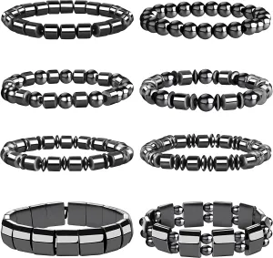 WAINIS 8 Pcs Hematite Bracelet Set for Men Women Stretch Round Bead Stone Bracelet Unisex Jewelry Gift