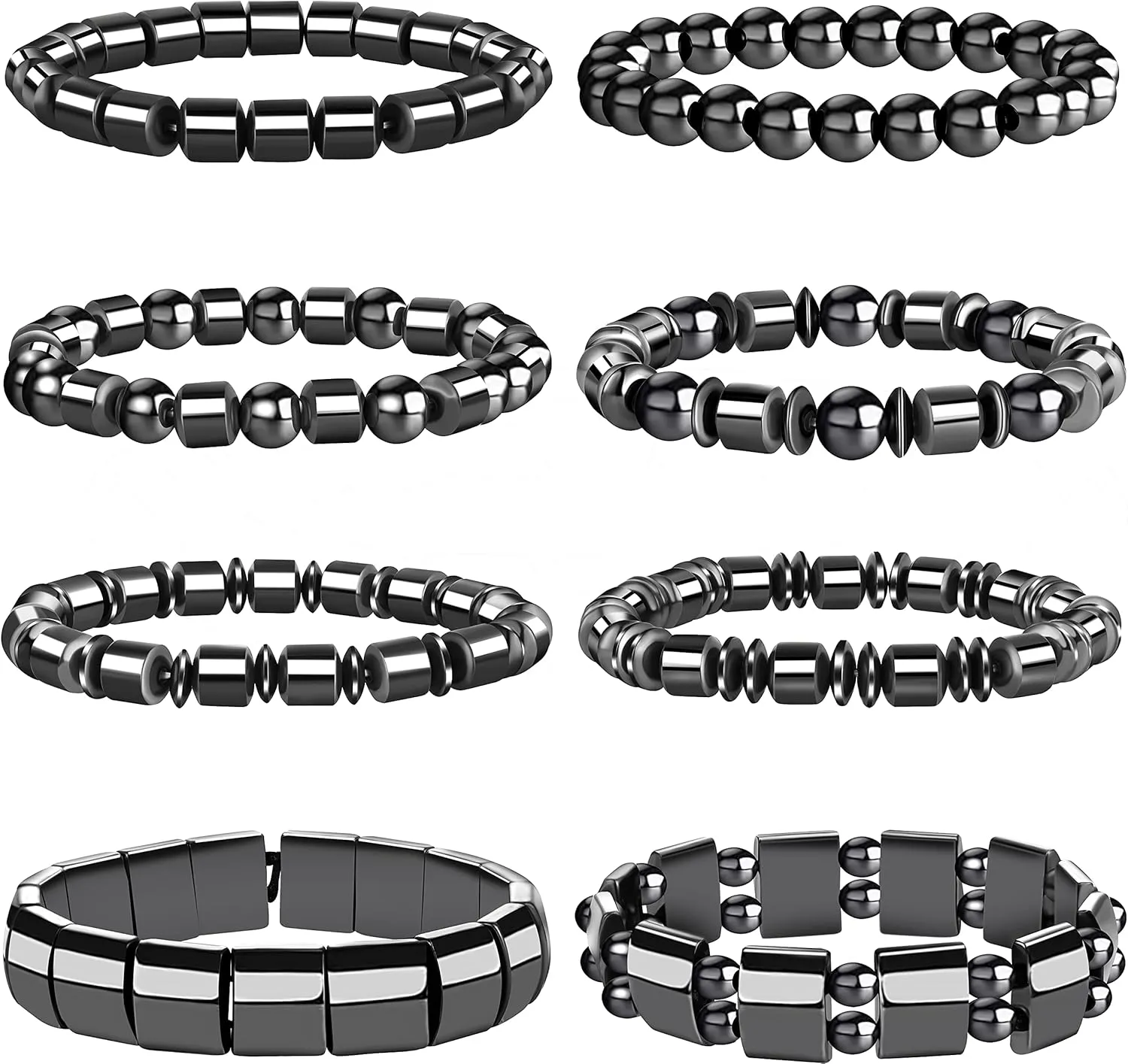 WAINIS 8 Pcs Hematite Bracelet Set for Men Women Stretch Round Bead Stone Bracelet Unisex Jewelry Gift