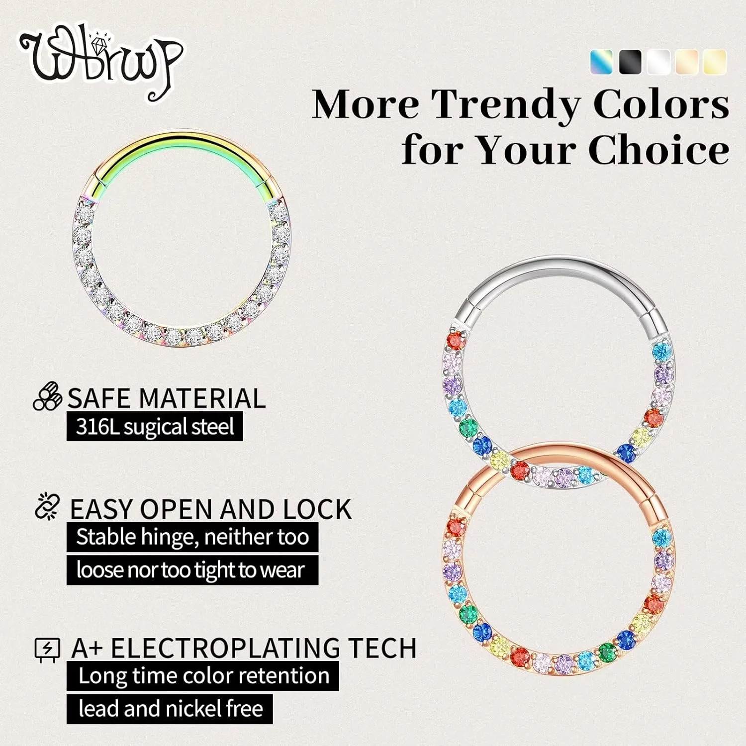 WBRWP Hinged CZ Septum Nose Rings Hoops: 316L Surgical Steel Septum Rings for Women 20G 18G 16G 14G Cartilage Earrings Conch Helix Daith Piercing Jewelry Rook Tragus Lobe Hoop 6mm 8mm 10mm