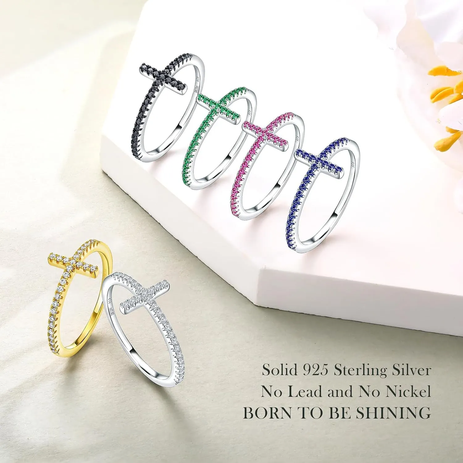 Wedding Band Ring for Women 14K White Gold Plated Sterling Silver Moissanite Stackable Band Ring Sapphire/Emerald/Ruby Cross Ring