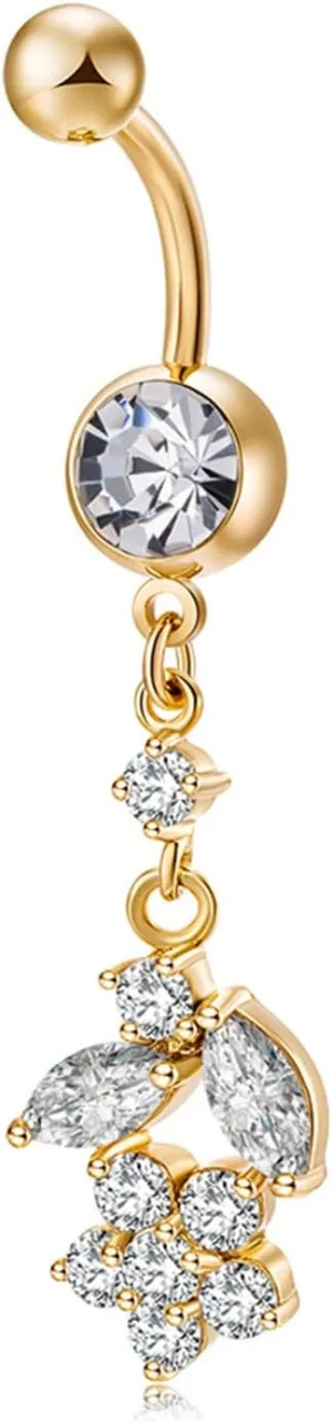 Wedding Belly Button Rings for Womens, Surgical Stainless Steel Dangle Navel Rings Gold Flower Cubic Zirconia