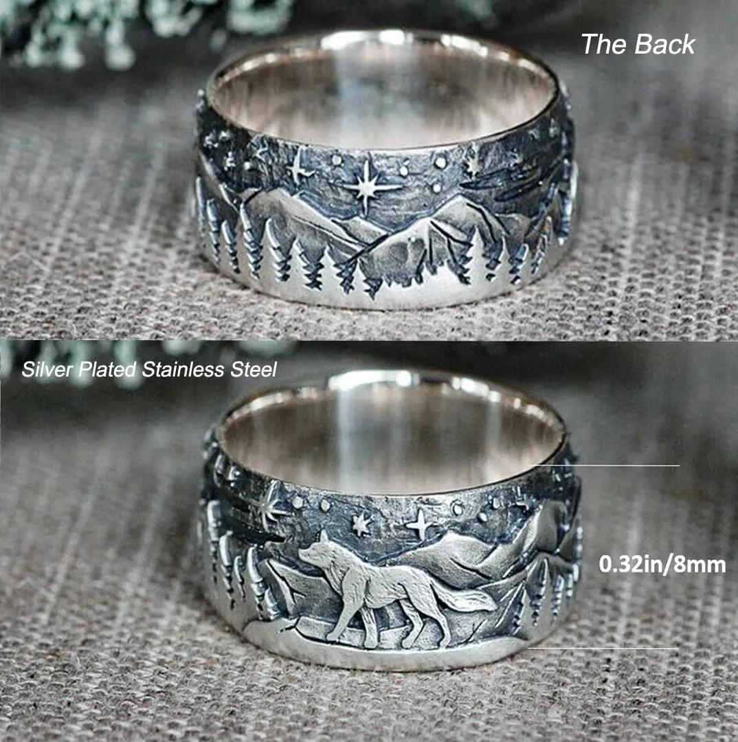 Wolf Rings for Men & Women - Silver Plated Stainless Steel Retro Norse Viking Vintage Wolf Head Punk Rings