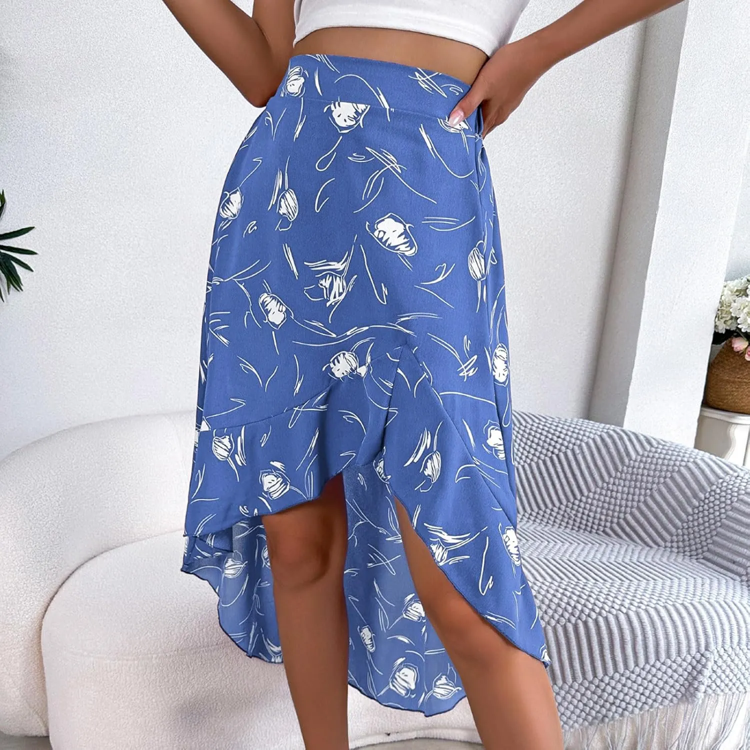 Women 2024 Summer Spring Boho Long Skirts Dress Floral Print Elastic Waist Split Ruffle High Low Beach Flowy Dress