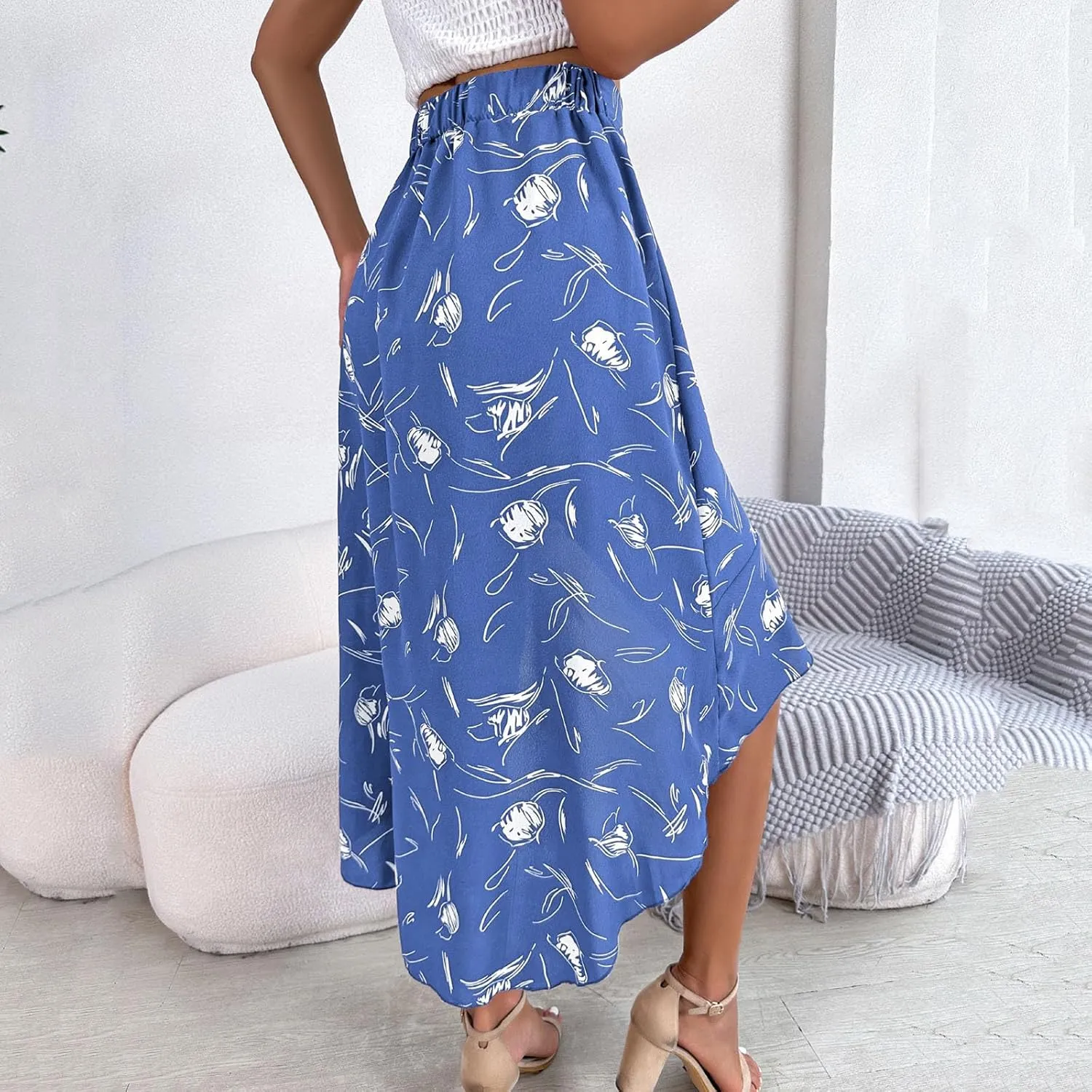 Women 2024 Summer Spring Boho Long Skirts Dress Floral Print Elastic Waist Split Ruffle High Low Beach Flowy Dress