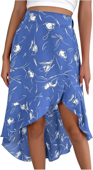Women 2024 Summer Spring Boho Long Skirts Dress Floral Print Elastic Waist Split Ruffle High Low Beach Flowy Dress