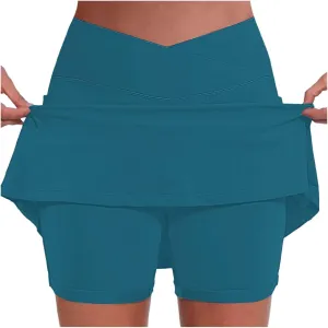 Women Athletic Tennis Skorts with Pockets 2 in 1 Golf Skirt Crossover High Waisted Sports Skorts Built-in Shorts
