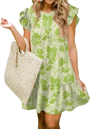 Women Babydoll Summer Casual Crew Neck Ruffle Sleeve Sleeveless Flowy Mini Short Tunic Dress Floral Print Pleated Dress4-Fluorescent Green,Large