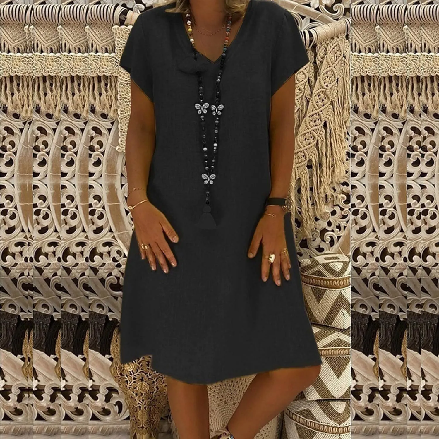 Women Casual Dresses 2025 Ladies Summer Solid Cotton Linen Dress Short Sleeve V-Neck Dress Plus Size Mid-Calf Sundress