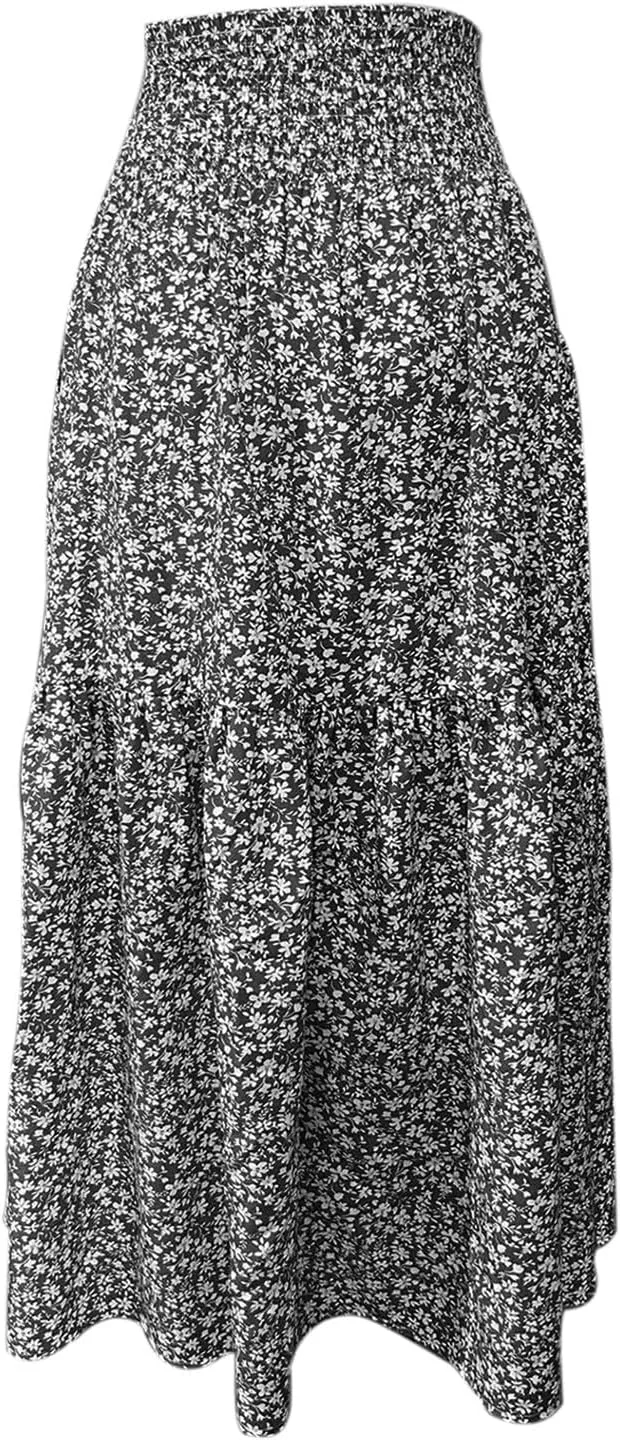Women Casual Summer Boho Floral Maxi Skirt Elastic High Waist Tiered Pleated Flowy Long Beach Skirt