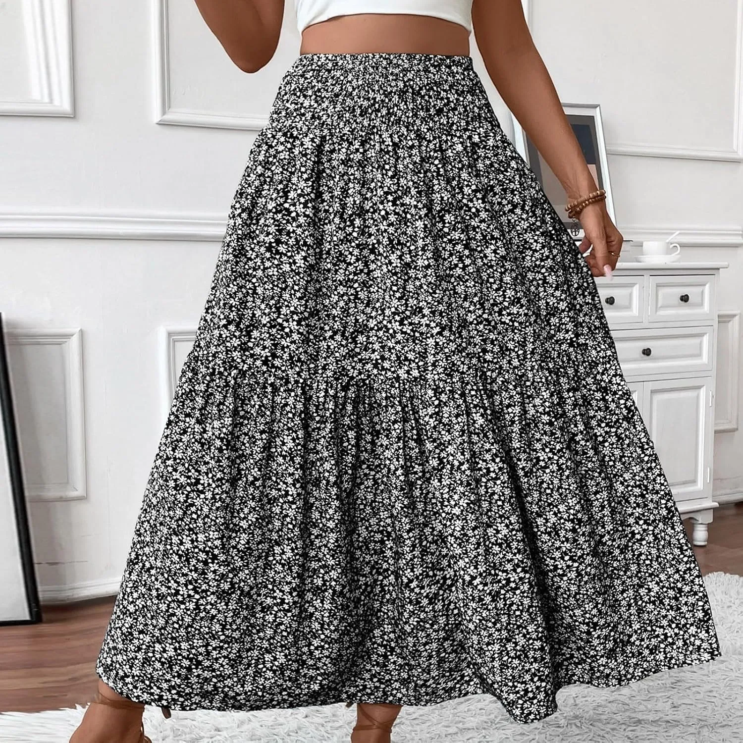 Women Casual Summer Boho Floral Maxi Skirt Elastic High Waist Tiered Pleated Flowy Long Beach Skirt