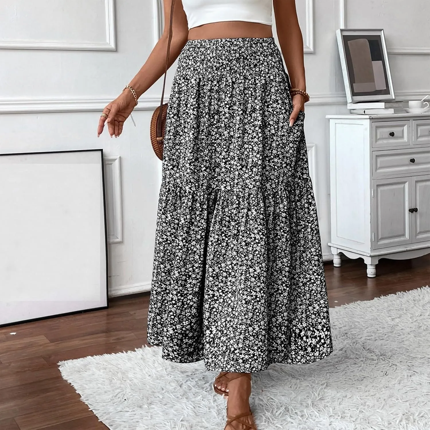 Women Casual Summer Boho Floral Maxi Skirt Elastic High Waist Tiered Pleated Flowy Long Beach Skirt
