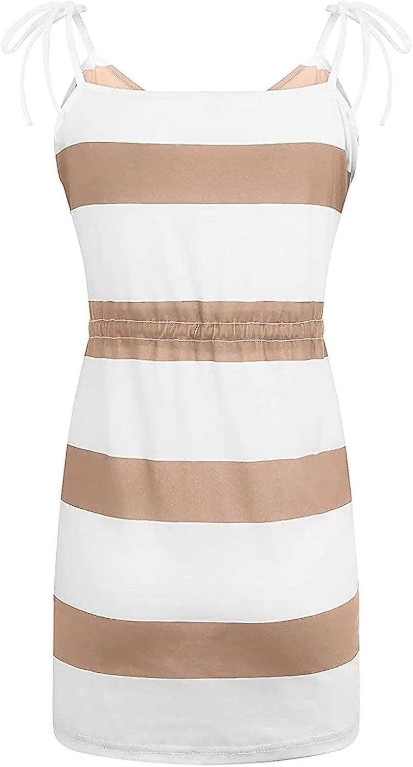 Women Color Block/Striped Beach Dresses Spaghetti Strap Mini Sun Dresses Summer Casual Trendy Cruise Vacation Outfits 2023