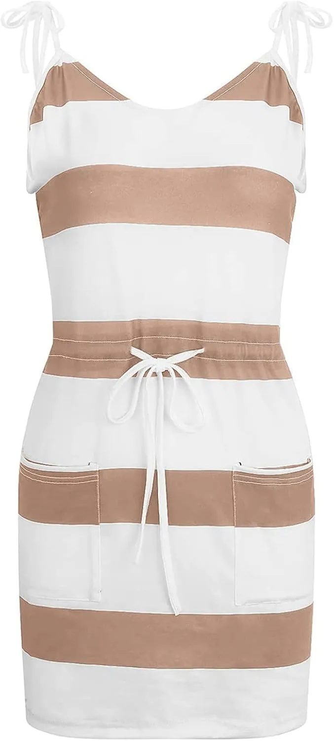 Women Color Block/Striped Beach Dresses Spaghetti Strap Mini Sun Dresses Summer Casual Trendy Cruise Vacation Outfits 2023