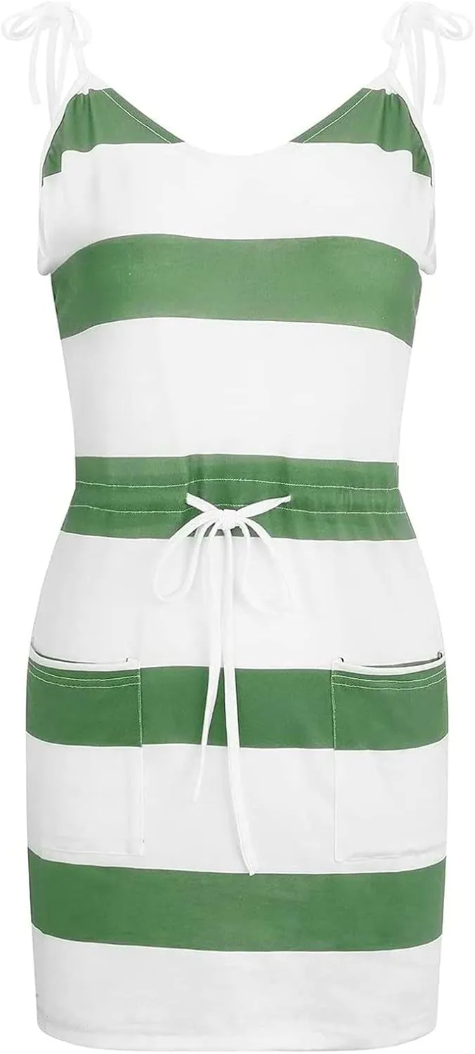 Women Color Block/Striped Beach Dresses Spaghetti Strap Mini Sun Dresses Summer Casual Trendy Cruise Vacation Outfits 2023