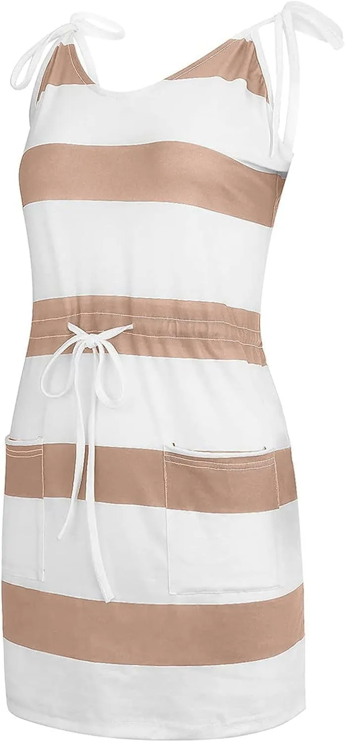 Women Color Block/Striped Beach Dresses Spaghetti Strap Mini Sun Dresses Summer Casual Trendy Cruise Vacation Outfits 2023