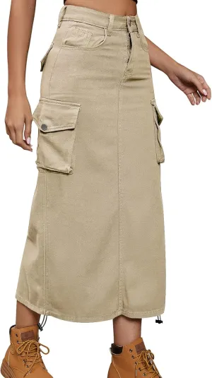 Women Denim Cargo Long Skirts High Waisted Pencil Skirt Midi Length Jean Skirt with Cargo Pockets