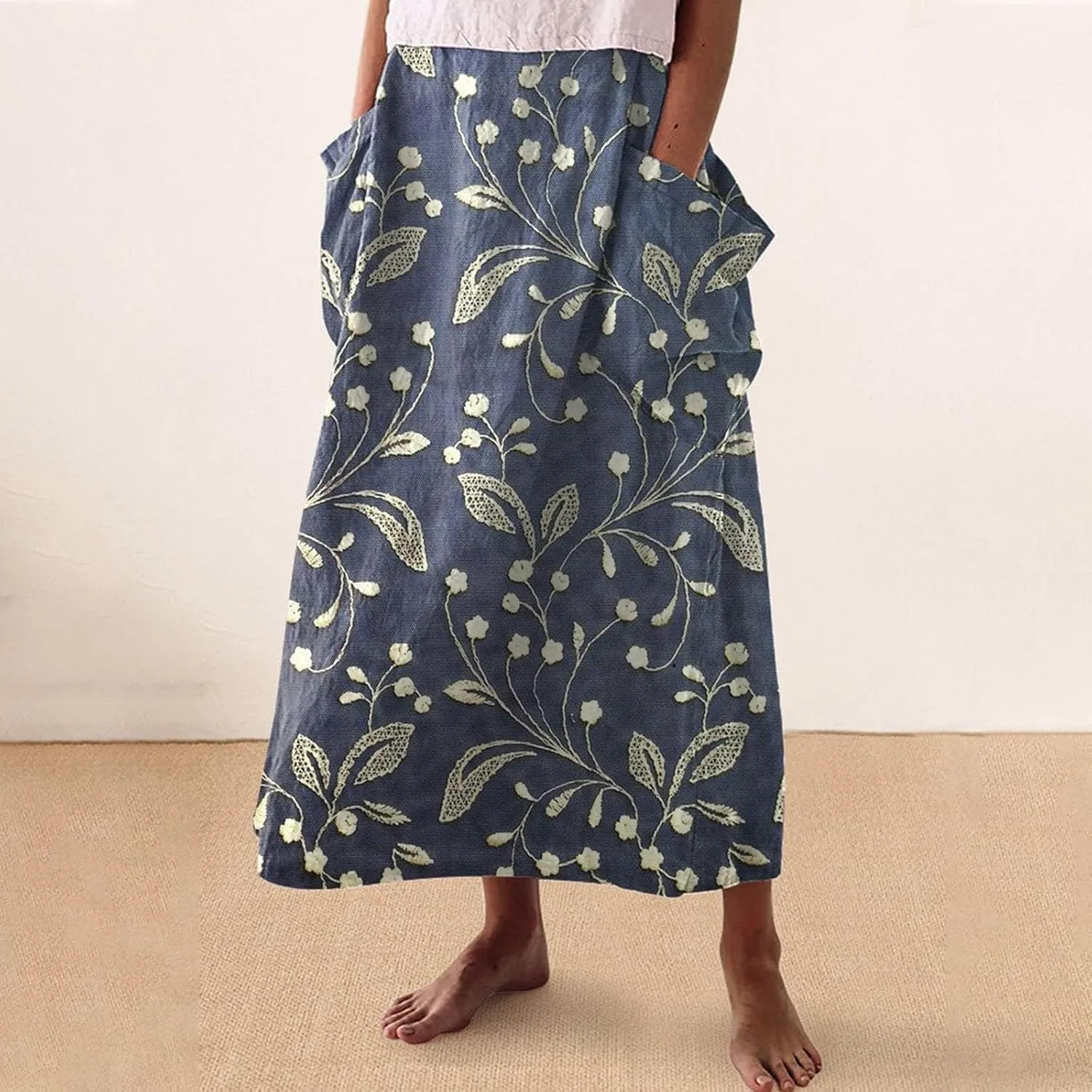 Women Elastic High Waist Floral Print Boho Maxi Skirt Tiered Pleated Flowy Long Summer Beach Skirt
