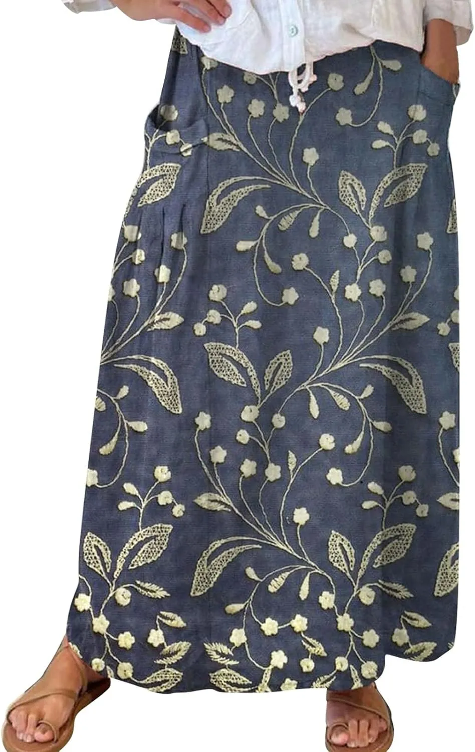 Women Elastic High Waist Floral Print Boho Maxi Skirt Tiered Pleated Flowy Long Summer Beach Skirt