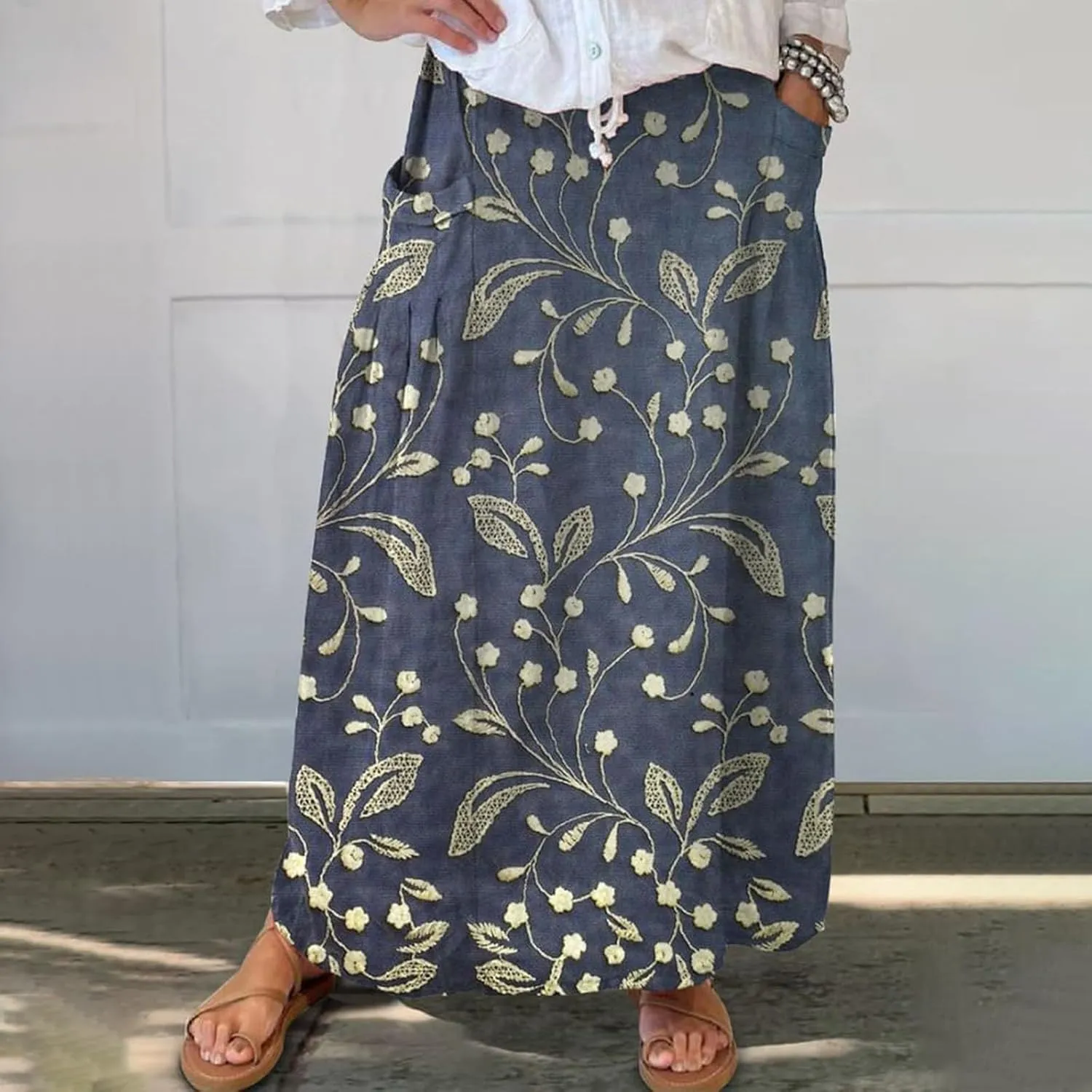 Women Elastic High Waist Floral Print Boho Maxi Skirt Tiered Pleated Flowy Long Summer Beach Skirt