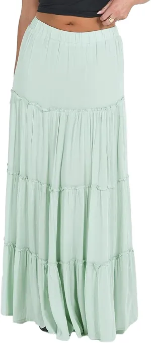 Women Flowy Maxi Skirt Elastic Waist Tiered Long Skirts Loose A-Line Ruffle Swing Skirt Solid Boho Pleated Skirt